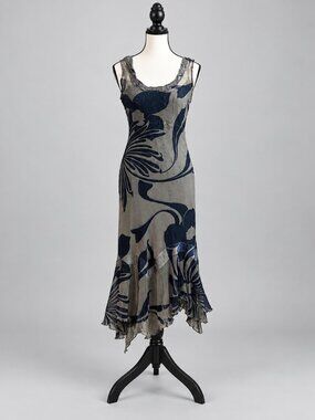 Komarov Taupe Navy Floral Crinkle Layered Midi Dress Size S